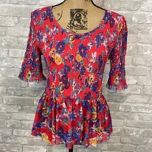 Anthropologie Pink and Blue Floral Top